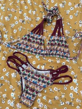 Montce Multicolor Knit Triangle Bikini with Burgundy Straps